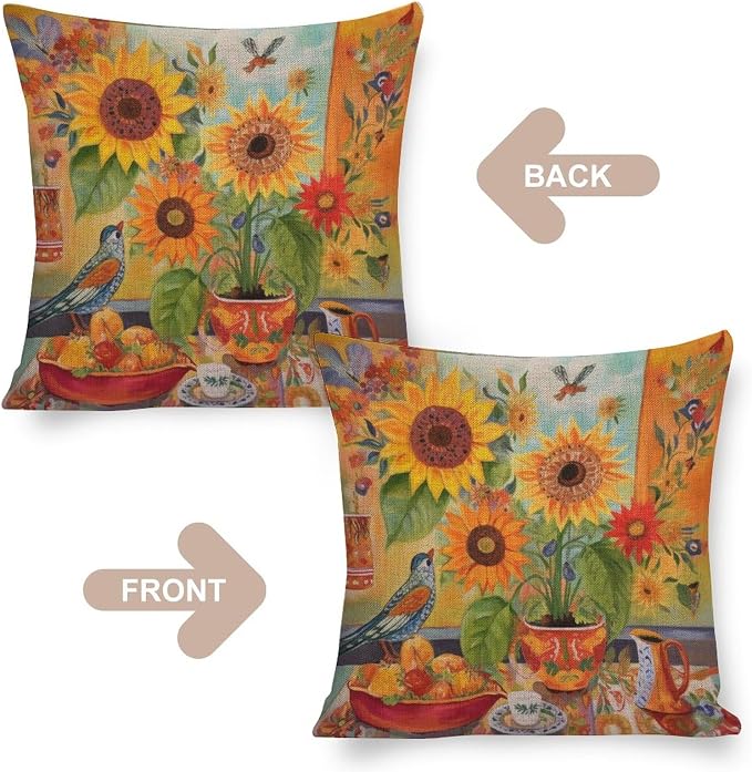 Pillow Covers Standard Size Colorful Painting of Sunflowers Pillow Case 20"x20" Retro Yellow Flower Throw Pillow Covers Pillowcase for Couch Sofa Bedroom Car Living Room Cutton Linen Cushion Cases