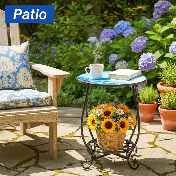 Outdoor Side Table - Double Layer Round Small Marble Pattern Patio Accent, 14 Inch Tea Coffee Metal Outside End Table for Porch Balcony Yard Patio Garden Indoor Bedroom Living Room Decor