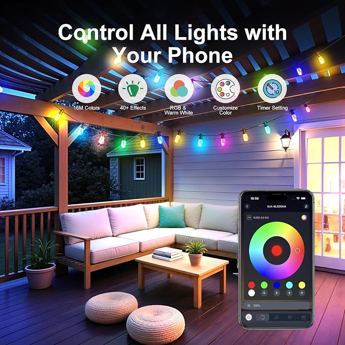Color Changing Outdoor String Lights 121FT, Waterproof Patio Lights | 40 Dimmable Shatterproof LED Bulbs,Multicolor & Warm White, IP67 Waterproof, Custom Colors, Timer, Replaceable LED Chips, 24V