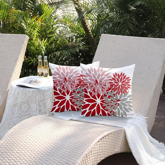 DFXSZ Pack of 2 Outdoor Waterproof Throw Pillow Covers 18x18 Pink Red Grey | Polyester Spring Summer Valentines Floral Decorative Cushion Cases(NO INSERT),For Couch Patio Funiture Garden Home Decor