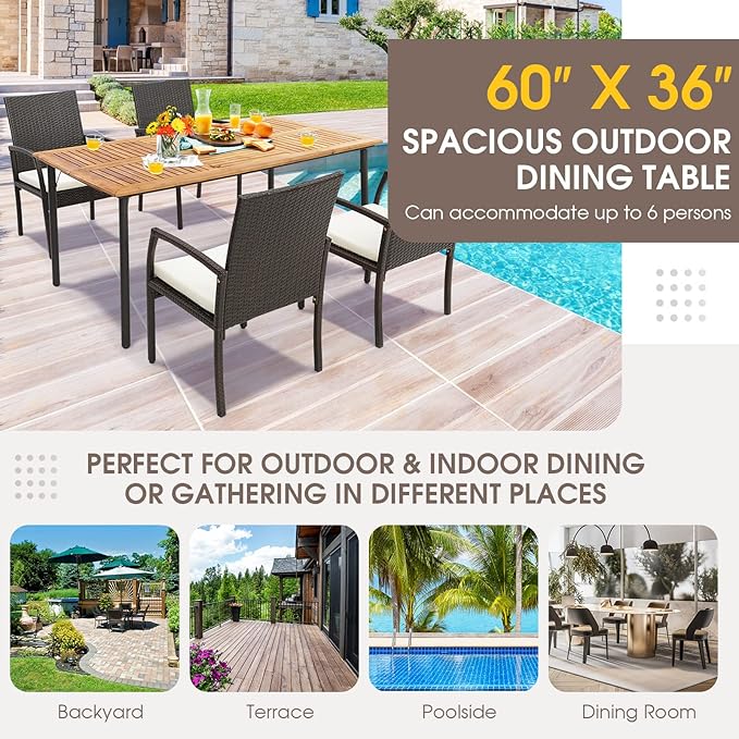 Tangkula 63" Acacia Wood Patio Dining Table for 6, Rectangular 6-Person Outdoor Dining Table with Metal Legs & Umbrella Hole, Indoor Outdoor Dining Furniture for Deck, Garden, Poolside & Backyard