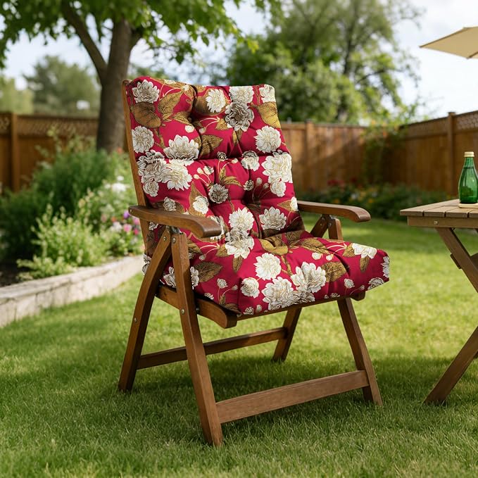 Tufted High Back Adirondack Chair Cushion 45"x21"x4",Floral | Patterned outdoor cushion with ties; premium padded design fits garden rocking chairs, multiple color options available