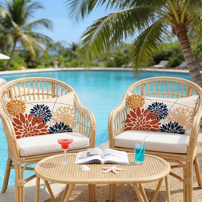OTOSTAR Outdoor Orange Dark Blue Pillow Covers 12x20 Inch Set of 2 Flower Throw Pillows Farmhouse Geometric Dahlia Floral Lumbar Cushion Case Waterproof Decor for Sofa Patio Funiture Garden
