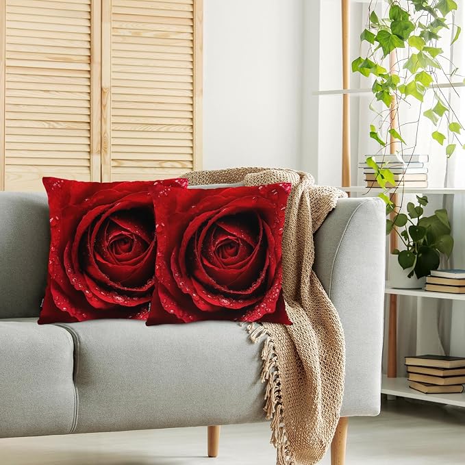 Swono Rose Pack of 2 Decorative Throw Pillow Covers Cushion Covers, Blossom Rose Water Drops Couch Pillow Case Boho Cushion Pillowcase for Bedroom Sofa Living Room 18X18 Inches, Red Rose Petals