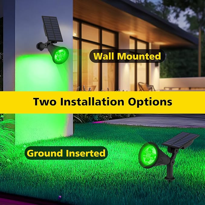 T-SUN Green Solar Spot Lights Outdoor Waterproof, Solar Spotlights, 2 Pack | 4 LEDs, 2 Lighting Modes, IP65 Waterproof Dusk to Dawn Solar Lights for Tree, Patio, Yard, Garden, Driveway, Halloween