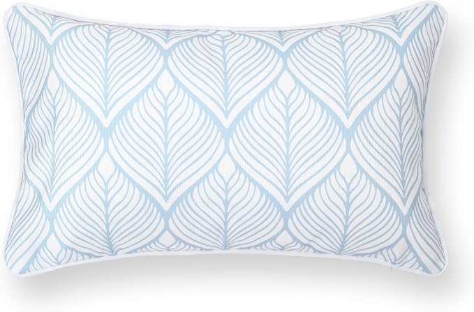 Hofdeco Premium Coastal Patio Indoor Outdoor Lumbar Pillow Cover Only, 12"x20" Water Repellent for Backyard, Couch, Baby Blue Print Geometric Leafs
