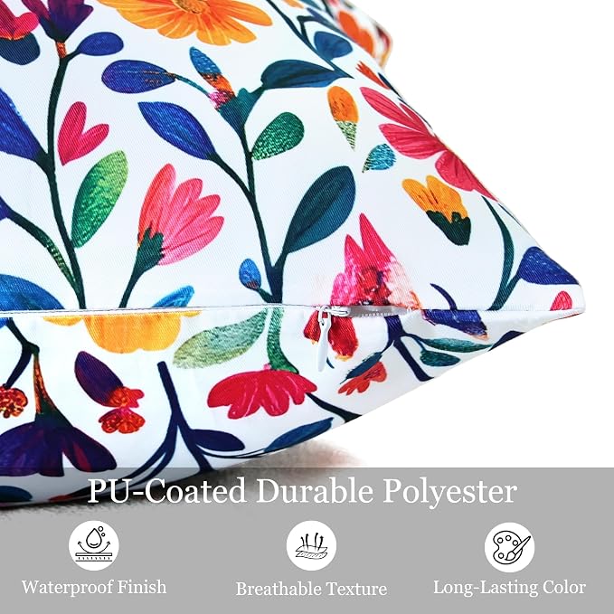 Outdoor Pillow Covers 12x20 Inch Set of 2 Floral Printed Boho Throw Pillows Cases Waterproof Square Garden Cushion Sham for Spring Summer Patio Funiture Tent Balcony Bench Sofa Couch