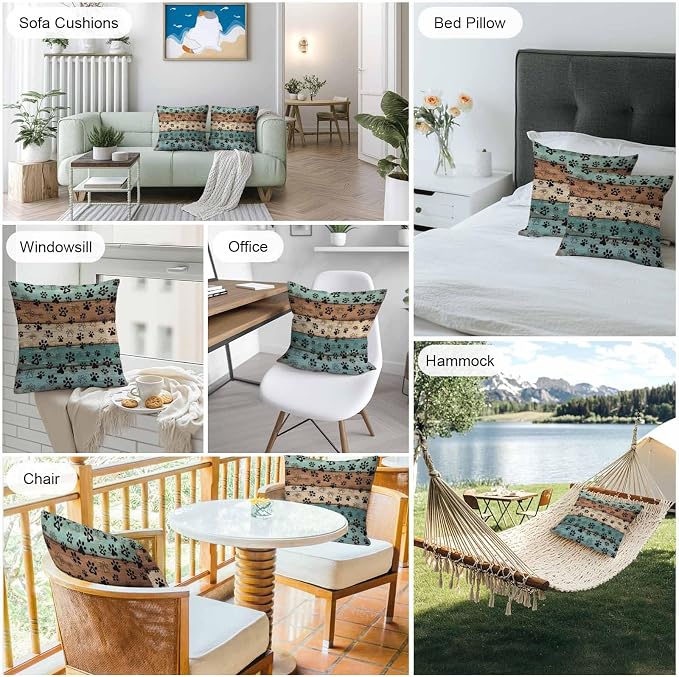 Outdoor Waterproof Throw Pillow Covers Set of 2 Dog Paw Pillowcases 18x18 Inches Pets Print Teal Brown Wood Grain Decorative Pillows Cushion Case Patio Pillows for Couch Bed Chair Garden