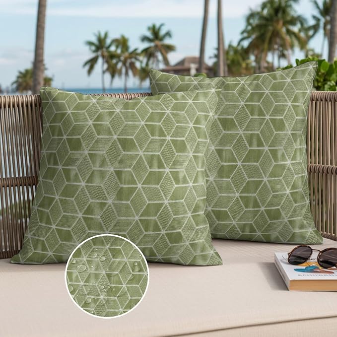 Green Honeycomb Tiling Waterproof Outdoor Pillow Covers Set of 2 Home Decor, Wooden Grain Blocks Lumbar Pillowcase Patio Pillow Covers for Couch Bench Patio Furniture Garden 20x20in