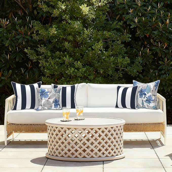 LVTXIII Set of 2 Patio Throw Pillows Waterproof 16"x16" Fade Resistant Outdoor Throw Pillows with Inserts, Fluffy Decorative Garden Toss Pillow Cushions for Home Patio Coach Sofa Use, Cabana Navy