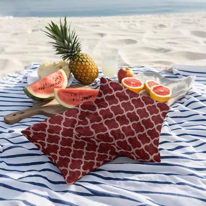 Deep Red Morocco Outdoor Pillow Covers 18x18 Inch Throw Pillow Covers Set of 2 Waterproof Decorative Pillow Cases Retro Farmhouse Quatrefoil Plaid Cushion Covers for Patio Furniture Garden Couch Sofa