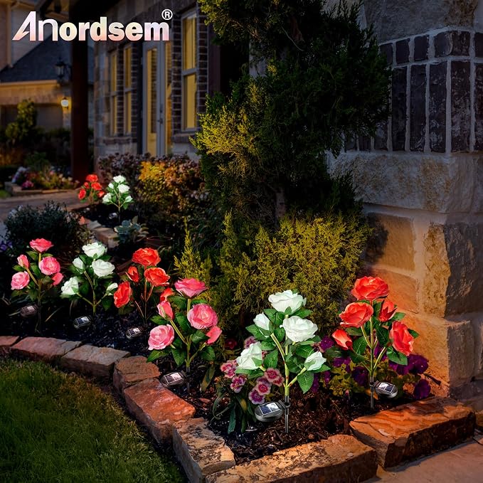 Anordsem Solar Garden Lights Outdoor: Waterproof Fabric Roses - Red LED Flower Decorations for Yard Patio Path Cemetery Grave - Birthday Gifts for Women Mom Wife - 4 Pack Red