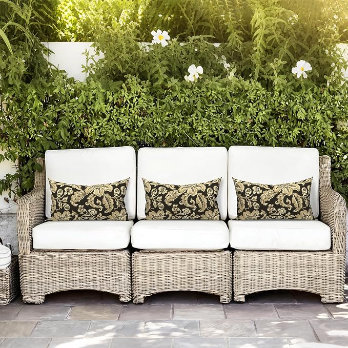 LVTXIII Set of 2 Patio Lumbar Pillows, 12" x 20" Fade Resistant Outdoor Lumbar Pillow with Inners, Fluffy Decorative Garden Lumbar Cushions for Home Patio Coach Sofa Use, Jacobean Black