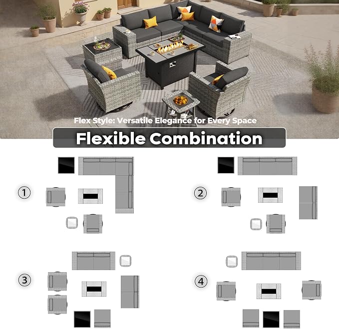 ovios 10 Pieces Patio Furniture Set, Outdoor Wicker Sectional Sofa with 42" Fire Pit Table Swivel Chairs, Modern Modular Deep Seat Rattan Couch Conversation Sets, Black