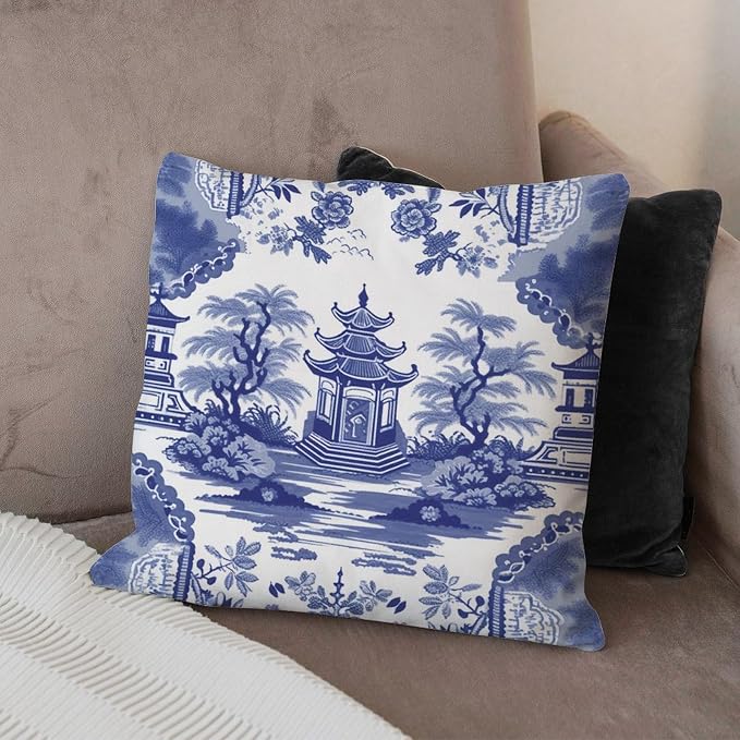 Chinoiserie Blue Asian Pagoda Cushion Cases Chinoiserie Chic Asian Throw Pillow Cover Classic Farmhouse Decor Pillow for Couch Sofa Patio 16x16 in