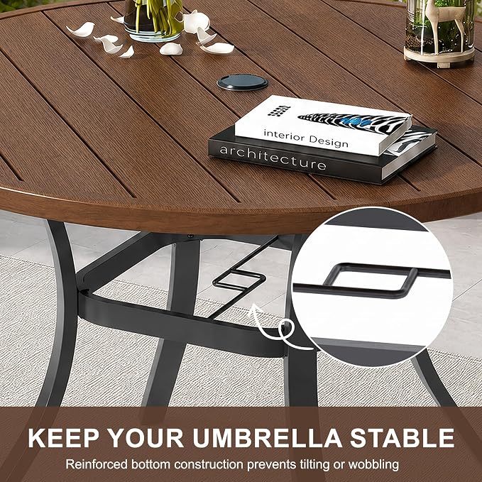 Patio Dining Table for 4,Steel Slatted Round Outdoor Table with Adjustable Umbrella Hole,41",Brown