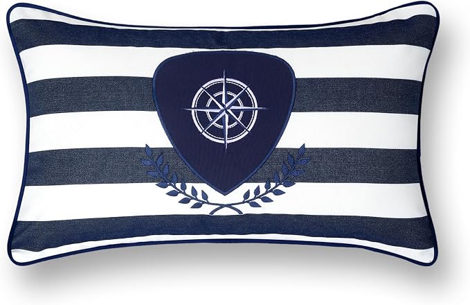 Hofdeco Premium Coastal Outdoor Performance Lumbar Pillow Cover Only, 12"x20" Water Repellent, UV and Fade Resistant for Backyard, Couch, Poolside, Navy Blue Embroidered Nautical Yacht Stripe