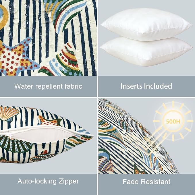 LVTXIII Outdoor Throw Pillows 20x20 Patio Waterproof Square Pillows with Piping Fade Resistant Accent Pillow for Spring Summer Garden Decoration, Set of 2, Crayon Shells