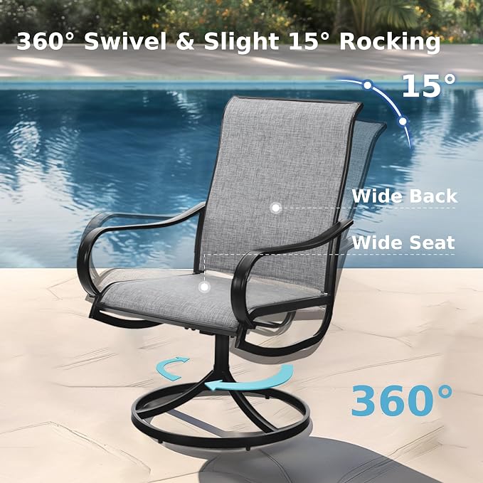 MFSTUDIO Outdoor Dining Set for 6, Patio Furniture Set with Beige Umbrella (Base not Included), Outdoor Metal Table and Light Grey Swivel Chairs Set for Patio, Deck, Backyard, Garden