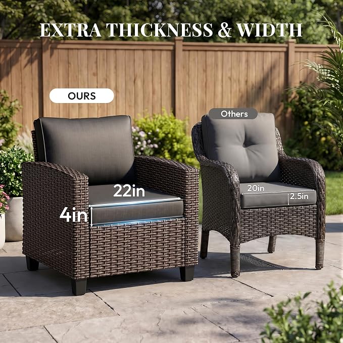 WWR Patio Furniture Set-30% Thicker Wicker-Luxury 4 Piece PatioWicker Outdoor Patio Conversation Set with Extra Wide & Thick Cushions, Armchair, Loveseat for Backyard, Porch & Deck