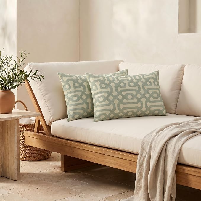 RSH DECOR: Sunbrella Lumbar Throw Pillows Set of 2 | 20" x 12" | Water and Fade-Resistant Performance Fabric | Outdoor Pillow Covers with Down-Alternative Inserts | Made in USA (Fretwork Mist)