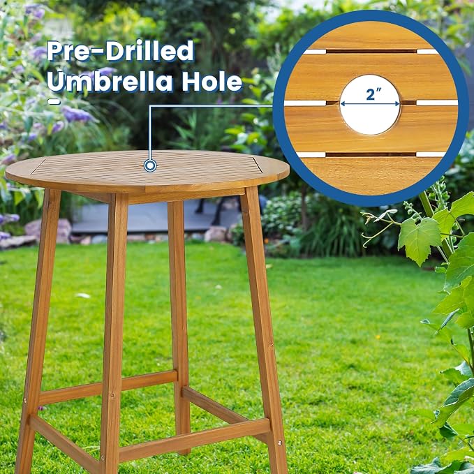 HAPPYGRILL 31.5” Round Bar Table, Bar Height Table with Umbrella Hole & Slatted Tabletop, Acacia Wood Patio Bistro Table, Side Table for Indoors Outdoors