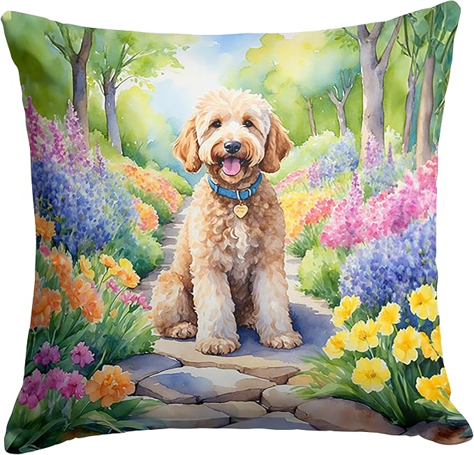 Caroline's Treasures Goldendoodle Spring Path Throw Pillow Machine Washable, Indoor Outdoor Decorative Pillow for Couch, Bed or Patio, 14Hx14W