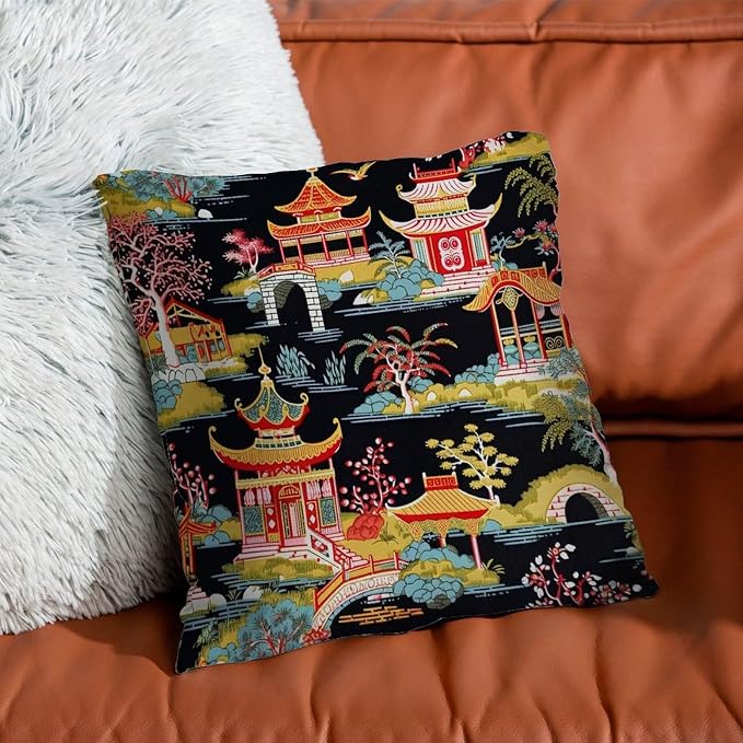 Chinoiserie Charcoal Coral Pagoda Asian Pillowcase Chinoiserie Chic Asian Throw Pillow Covers 16x16 INRetro Accent Throw Pillow Covers Farmhouse Decorative for Sofa Patio Couch