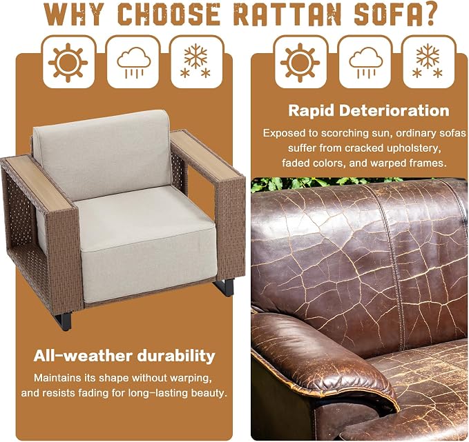 MOCHITO 7 Pieces Outdoor Patio Furniture Sets, All-Weather Sectional Sofa PE Rattan Wicker Conversation Set, Outdoor Patio sectional for Poolside, Porch, Lawn, Garden, Balcony(Beige)
