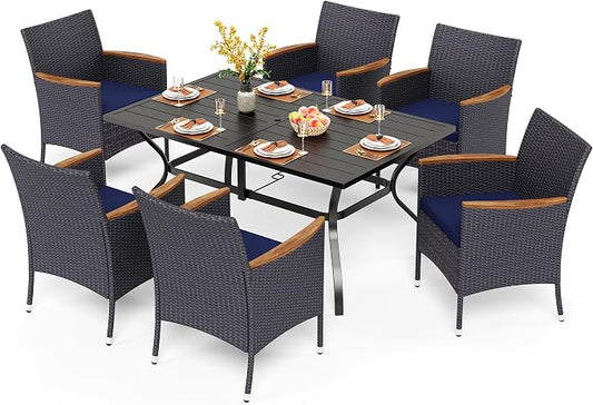 PHI VILLA 7 Piece Patio Dining Set, 60” Rectangular Table, Rattan Chairs | Outdoor Dining Set for 6, Metal Dining Table with Umbrella Hole, Wicker Chairs with Cushions for Patio, Deck, Porch