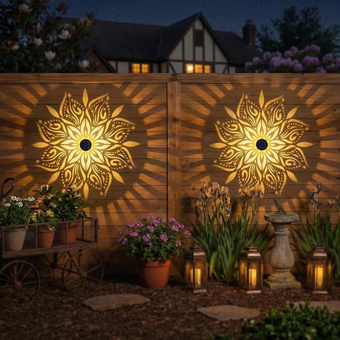 2 Pack Solar Fence Lights Metal Solar Powered Outdoor Wall Deck Step Lights Mandala Theme Waterproof Fence Light for Garden Post Patio Backyard Yard Decor, Gardening Gifts for Women Mom Grandma