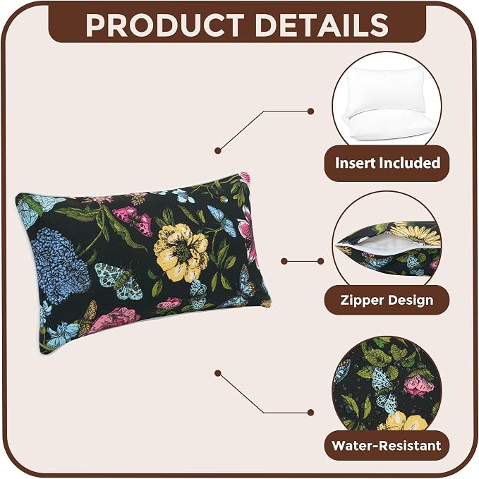 FUNHOME Outdoor Lumbar Pillow with Insert 12x20 Inch-Black Flower Butterfly | Outdoor Pillows Pack of 2 for Patio Furniture, Water-Repellent, Decorative Garden Pillows for Home Patio Coach Sofa Use