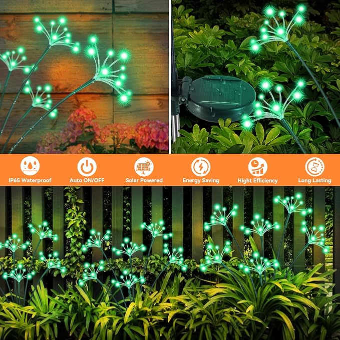 Solar Garden Lights 2 Pack Waterproof Solar Swaying Starburst Light Outdoor Lights for Yard Patio Walkway Pathway Party Wedding Christmas Decoration, Green