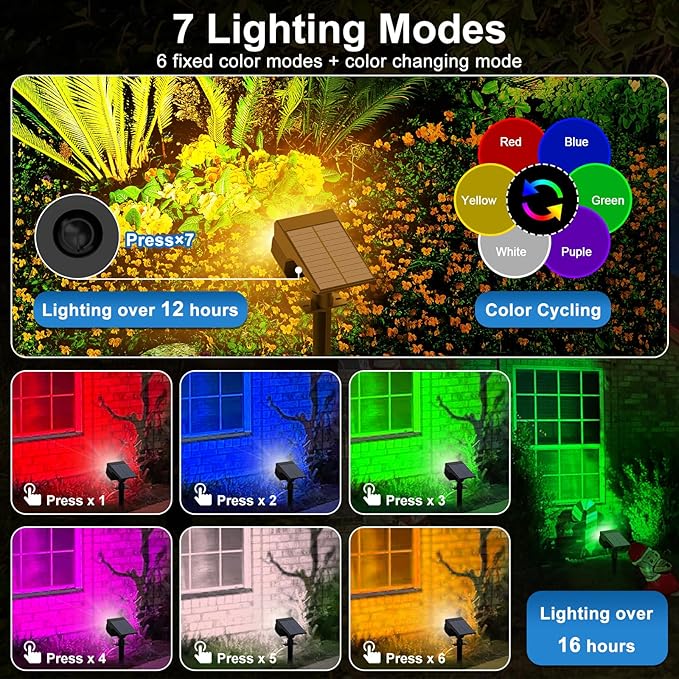 Tadyreal Solar Color Changing Spot Lights Outdoor Waterproof Colored RGB Solar Powered Landscape Lights for Yard 7 Lighting Modes Multicolor Solar Spotlights for Pathway Garden Outside (2 Pack)