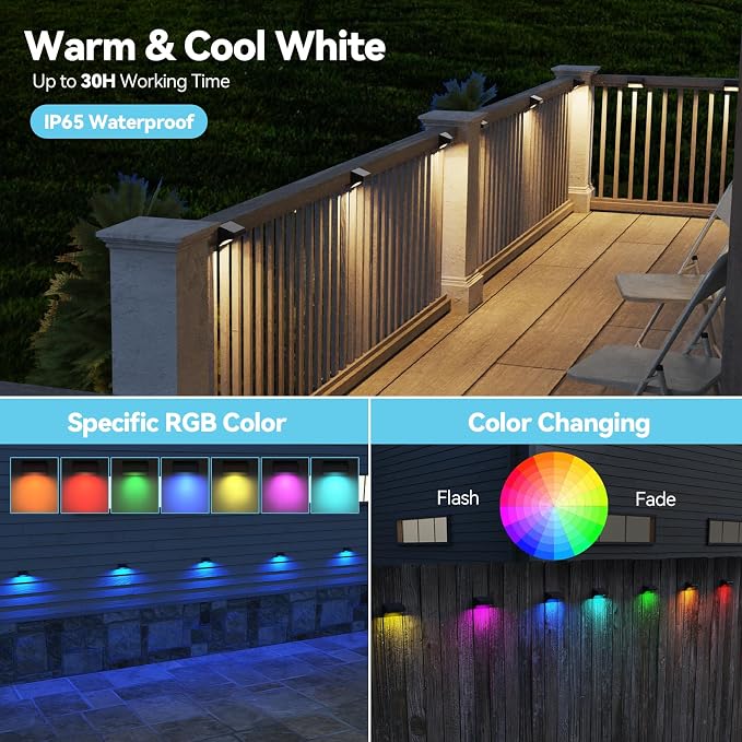 Bridika Solar Fence Lights, Outdoor Waterproof Warm White & Color Glowt, LED, for Backyard, Patio, Deck Railing, Stair Handrail, Pool and Wall (8 Packs)