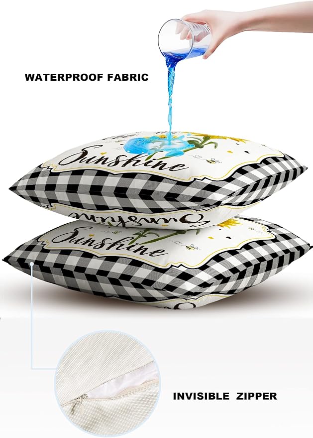 Vandarllin Outdoor Throw Pillows Covers 18X18 Set of 2 Waterproof Yellow Sunflower Bees Decorative Zippered Lumbar Cushion Covers for Patio Furniture, Black Buffalo Check Plaid