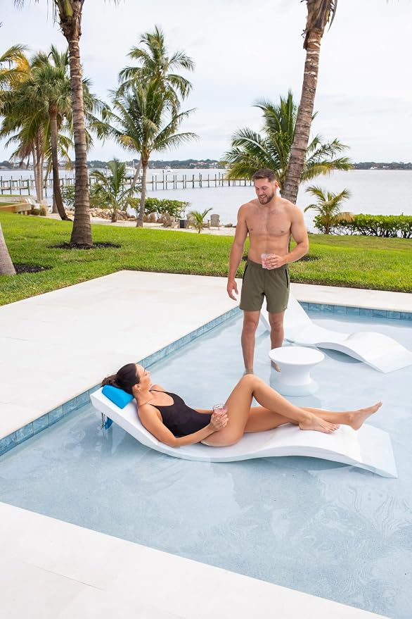 Headrest pillow for patio chaise lounge, in pool lounger on ledge with non-slip weighted tail and cellphone pocket, quick drying outdoor for all weather pool furniture and loungers (Mountain Mist)