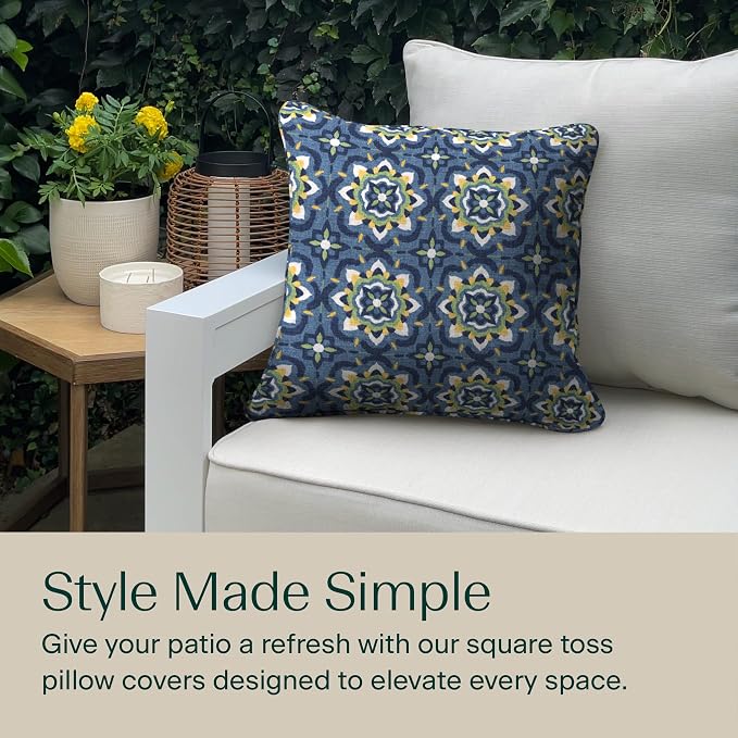Honeycomb Outdoor Square Toss Pillow Covers, 18 x 18, 2-Pack | Medina Medallion Blue Slipcovers, Water & Fade Resistant for Patio Furniture Set, Cover Only, No Insert