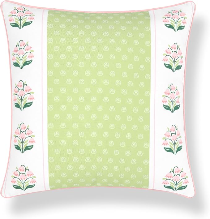 Hofdeco Premium Grandmillennial Patio Indoor Outdoor Throw Pillow Cover Only, 20"x20" Water Repellent for Backyard, Couch, Poolside, Grass Green Pink Print Block Print Striped Lily of the Valley