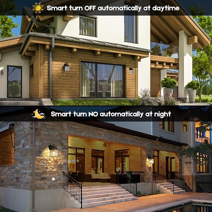 2-Pack Dusk to Dawn Outdoor Wall Lantern, Exterior Light Fixtures with Photocell Sensor, Black Wall Light Waterproof, Waterfall Glass Outside Wall Sconce for Porch House Garage
