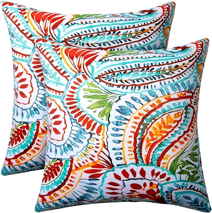 2 Pack Waterproof Outdoor Pillows, 18x18 Outdoor Throw Pillows | Patio Furniture Pillows, Fluffy Decorative Pillows, Waterproof &Fade Resistant, Removable & Washable, Paisley Multi Blue