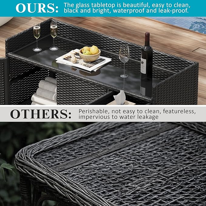 47.5" W Wicker Outdoor Storage Cabinet with Tempered Glass Desktop, Adjustable Shelf, Drawer, and Three Doors – Weather-Proof Rattan Bar Table for Outdoor Cushions and Pool Toys