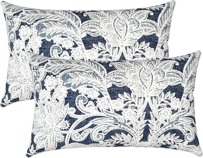 LVTXIII Outdoor Lumbar Pillow Covers Set of 2 Patio Decorative Pillow Cases, Water Repellent Lumbar Cushion Cases for Sofa, Patio Couch Garden Use, 12x20 Inch, Damask Lapis