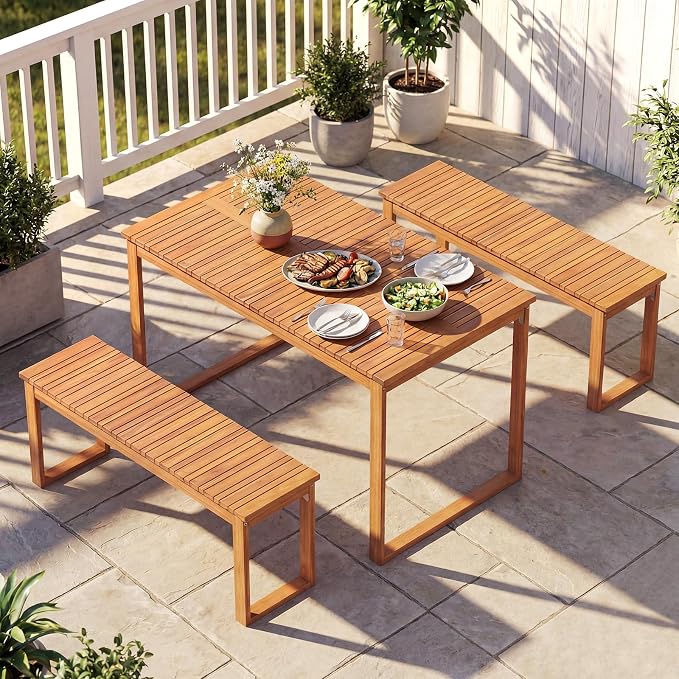 HAPPYGRILL 3 Pieces Acacia Wood Patio Dining Set, Outdoor Table with 2 Benches for 4 People, Wooden Dining Furniture Set for Yard, Garden, Porch