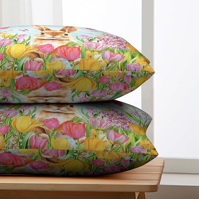Easter Bunny Lumbar Pillow Covers 12x20 Set of 2 Lovely Rabbit with Tulip Throw Pillow Covers Spring Pillow Case Floral Cotton Blend Cushion Case for Easter Decor Sofa Patio Garden