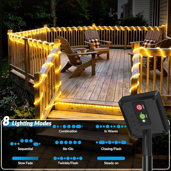 Solar Rope Lights, 20FT 60 LED Solar Fairy Lights with 8 Lighting Modes, IP65 Waterproof Strip Light Outdoor for Garden Yard Patio Deck Fence Tree Party Holiday Decoration, Warm White