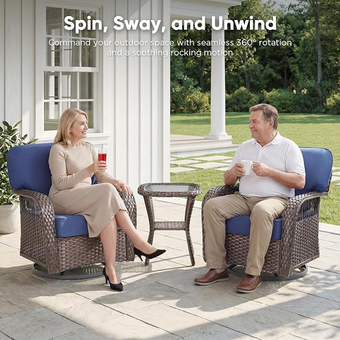 Belord 3 Piece Patio Set,Swivel Patio Chairs Set with Side Table, All-Weather Wicker Backyard Balcony Porch Seating Group,Blue