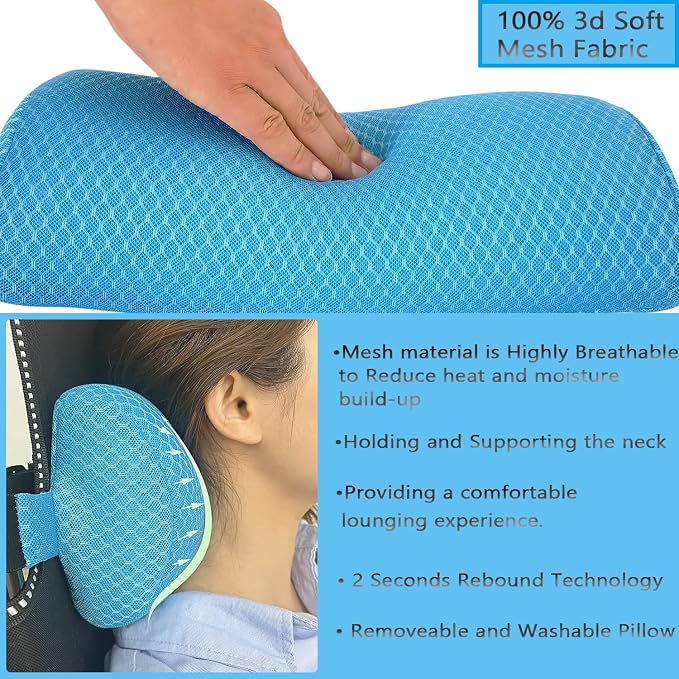 2 Pack Headrest Pillow for Patio Chaise Lounge,Recliner,Beach Chair,Blue | Resilient 3D mesh pillow with removable washable cover, adjustable elastic strap, ergonomic support, lightweight portable