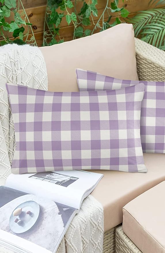 Outdoor Waterproof Throw Pillow Covers Set of 2 Purple Buffalo Check Plaid Lumbar Pillowcases 20x12 Inches Farmhouse Style Patio Decorative Pillows Cushion Case Patio Pillows for Couch Bed Garden