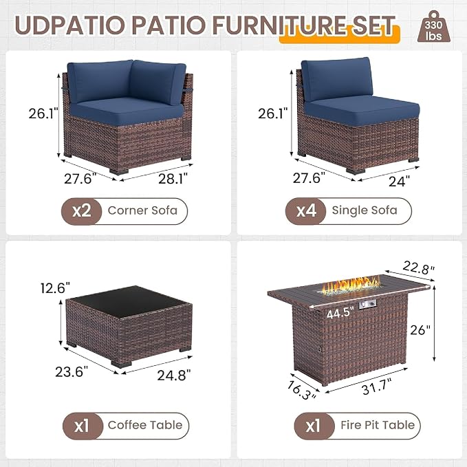 UDPATIO Patio Furniture Set with 44'' Fire Pit Table, 8 PCS Outdoor Sectional Furniture Sets, Slanted Back Outdoor Conversation Set PE Rattan Sofa for Porch W/Coffee Table, Blue